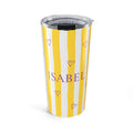 Personalized yellow stripe tumbler with purple hearts and custom name in bold purple font - 20oz stainless steel with clear lid