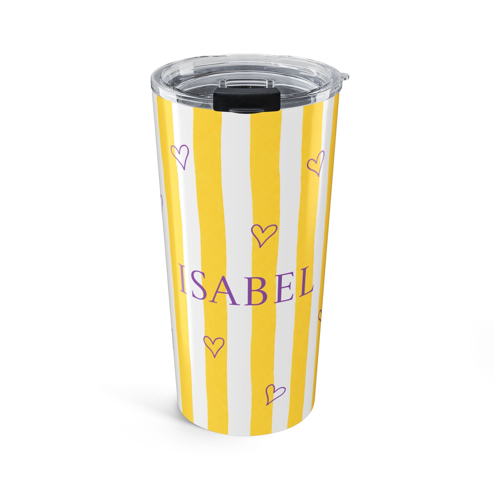 Personalized yellow stripe tumbler with purple hearts and custom name in bold purple font - 20oz stainless steel with clear lid