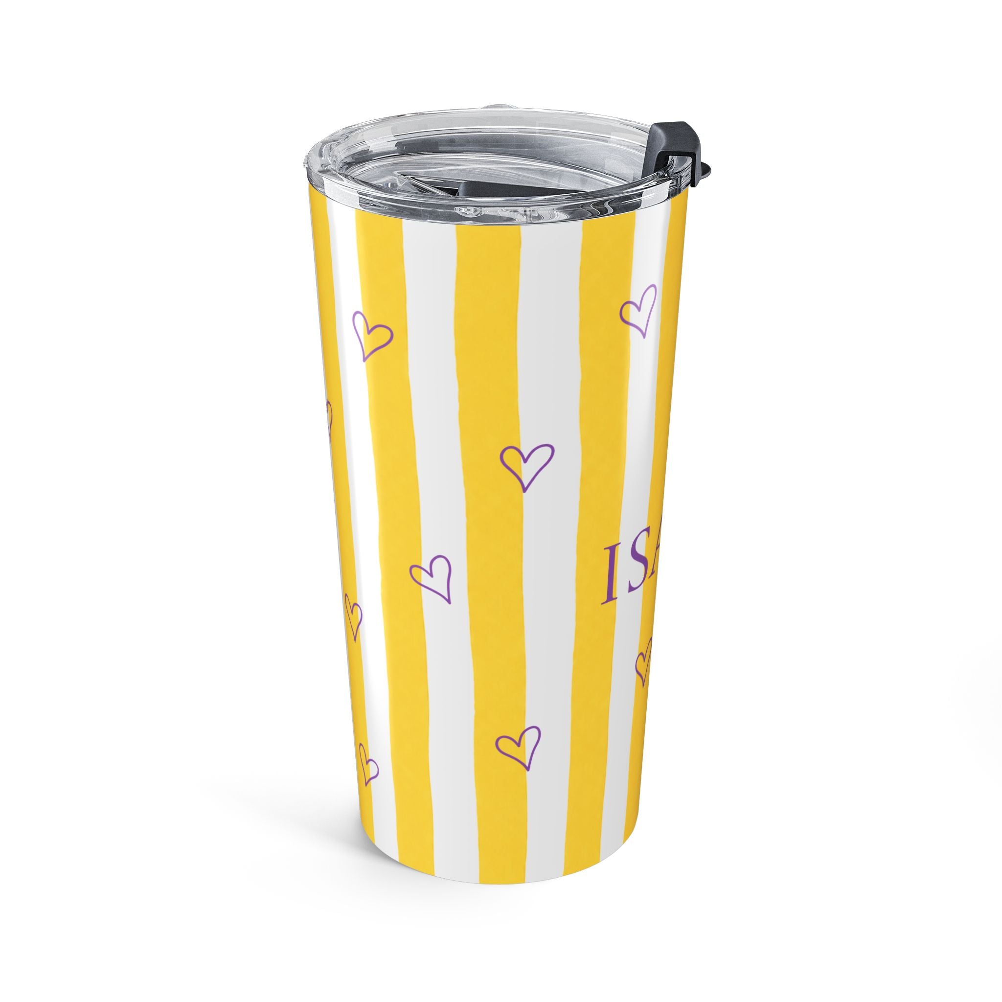 Yellow stripe custom tumbler with sliding lid - fun birthday gift for her or daughter