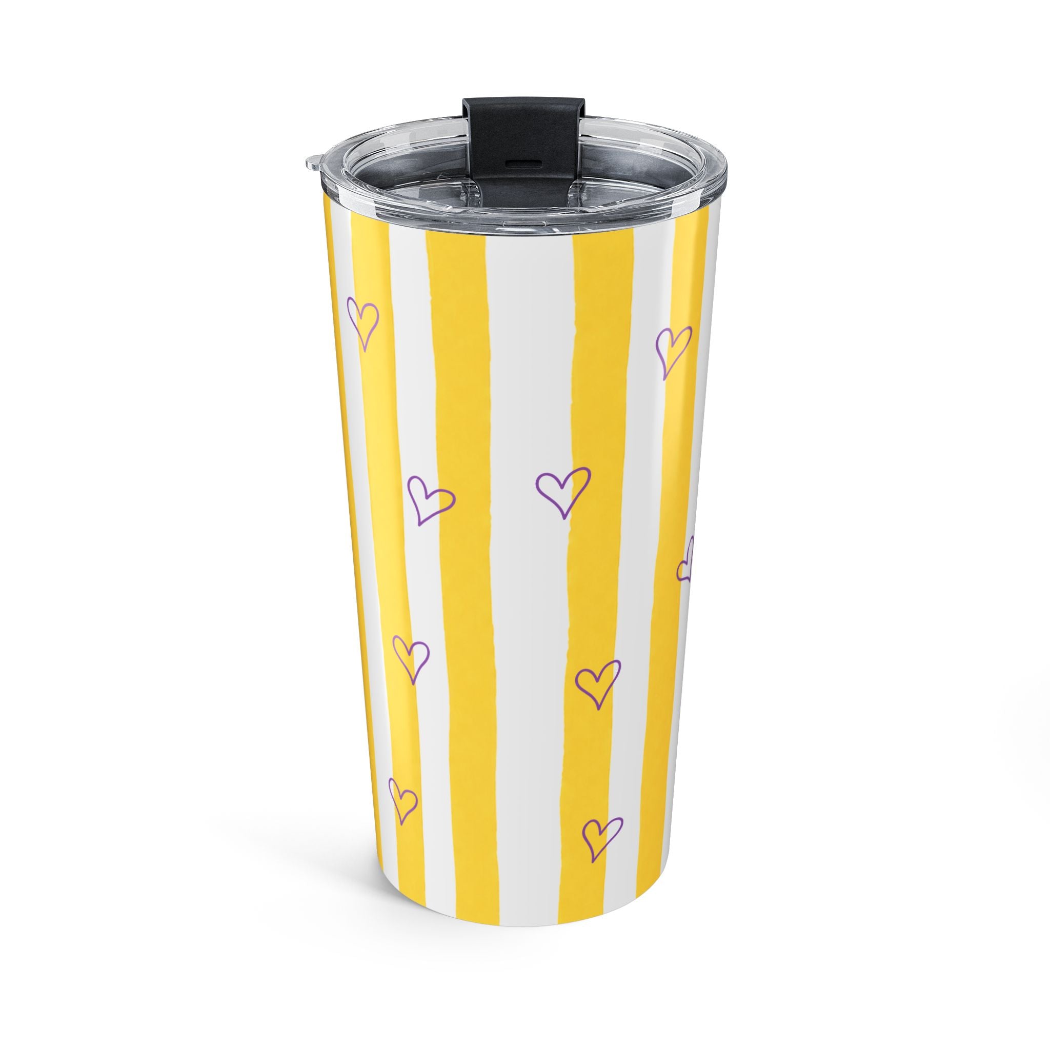 Personalized tumbler for daughter birthday gift - yellow stripes and purple hearts on 20oz stainless steel