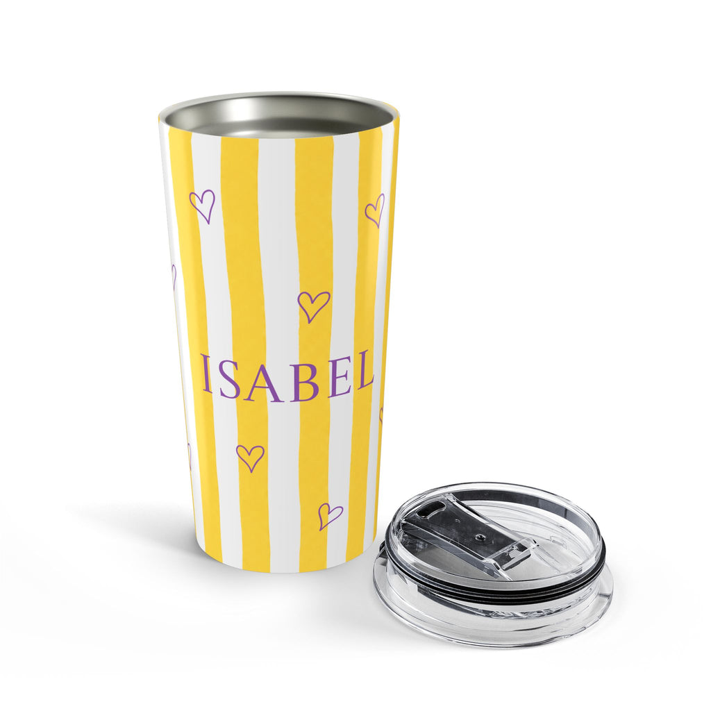 Yellow and white stripe personalized tumbler right side view - bold color block design with custom name