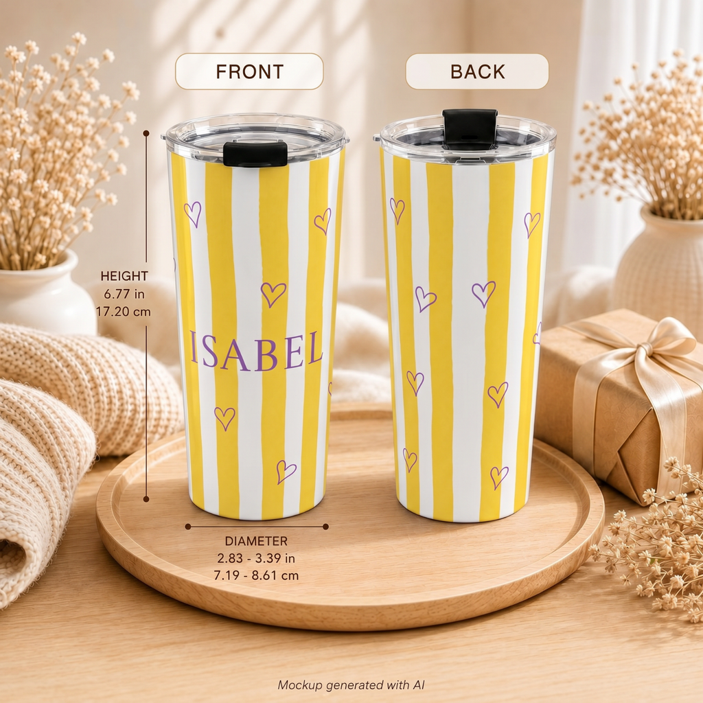 Custom name yellow and white stripe tumbler - dopamine design with purple outline hearts for her