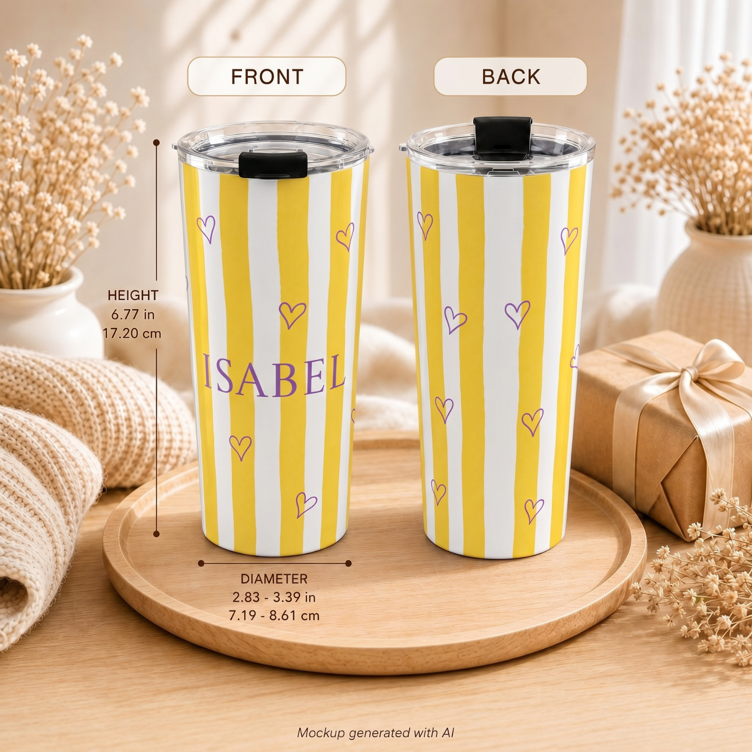 Custom name yellow and white stripe tumbler - dopamine design with purple outline hearts for her