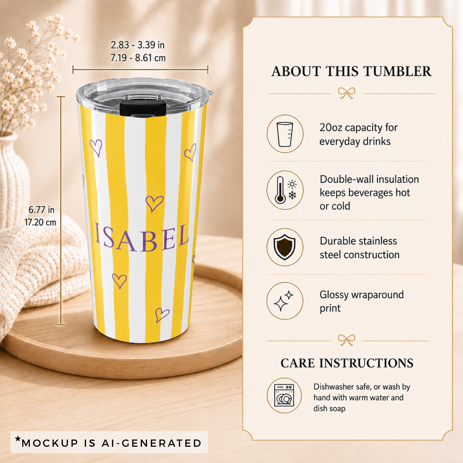 Personalized yellow stripe tumbler size guide - 20oz stainless steel with purple hearts and custom name