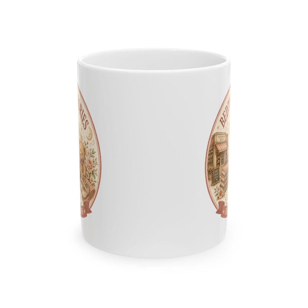 Bedtime stories pregnancy reveal mug 11oz - vintage bookshop design with Est 20XX and Begin Soon banner