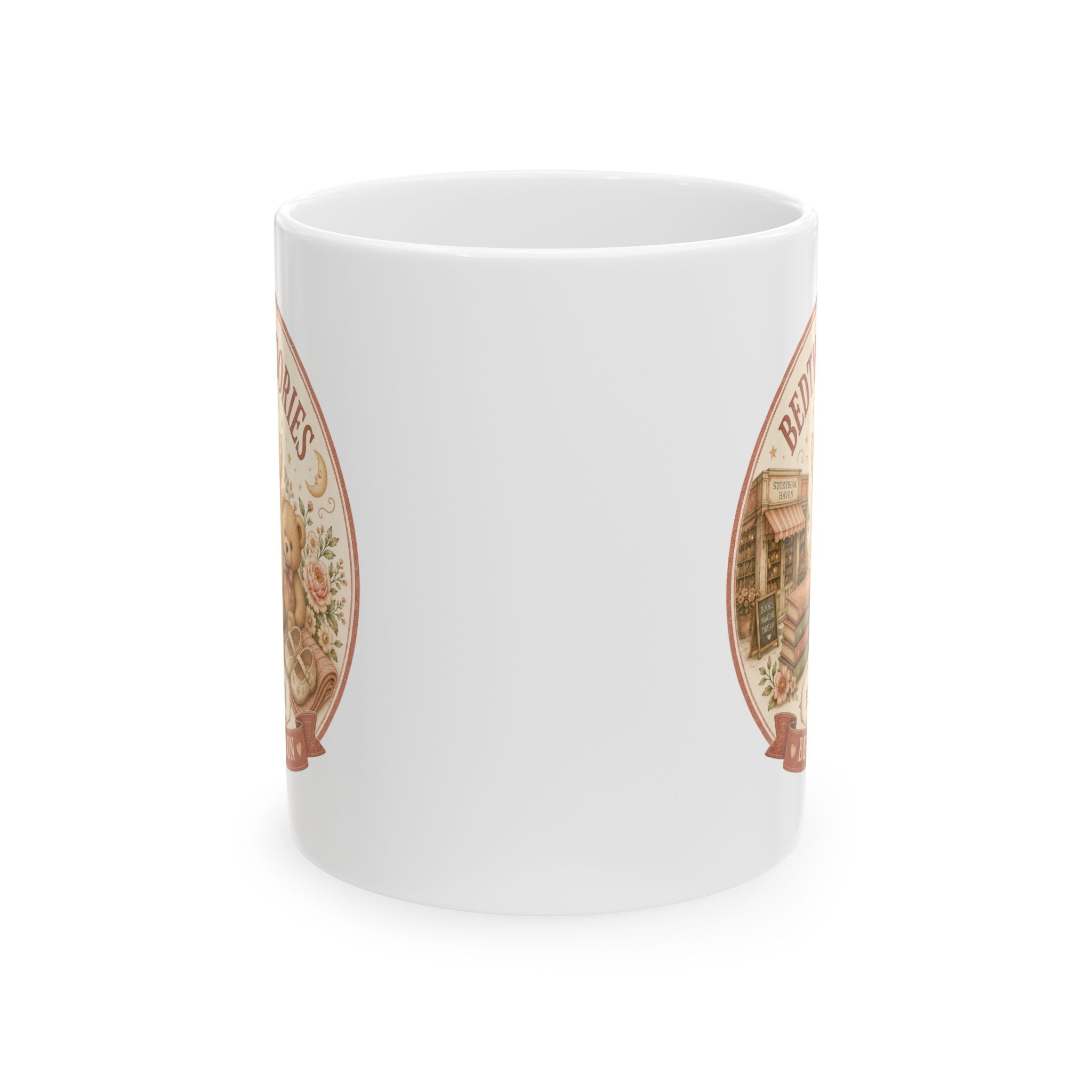 Bedtime stories pregnancy reveal mug 11oz - vintage bookshop design with Est 20XX and Begin Soon banner