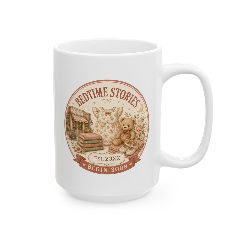 Bedtime Stories Begin Soon mug 15oz - white ceramic vintage bookshop pregnancy announcement gift for her