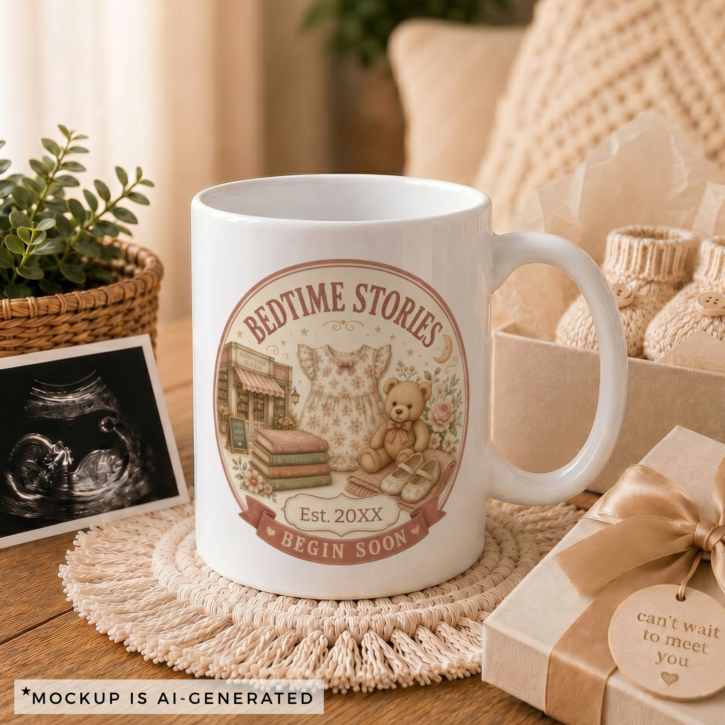 Close-up of Bedtime Stories Begin Soon mug - vintage bookshop scene with floral baby dress teddy bear and Little Star Nighty Night storybooks
