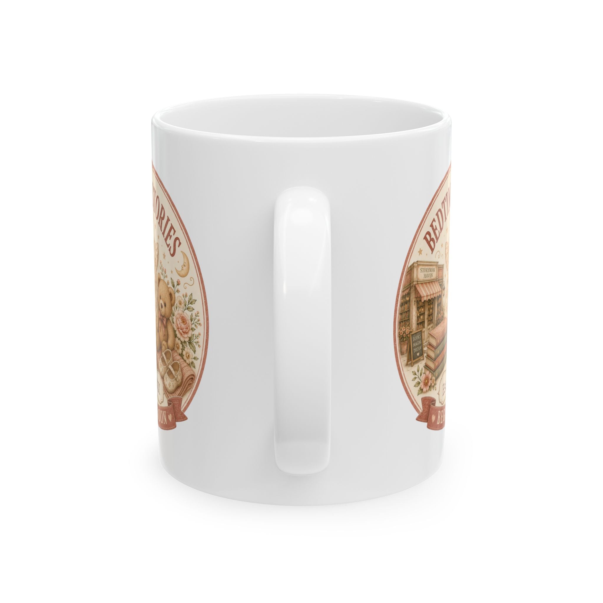 Pregnancy announcement mug for book loving mom grandma or auntie - personalized with baby arrival year on white vintage bookshop ceramic