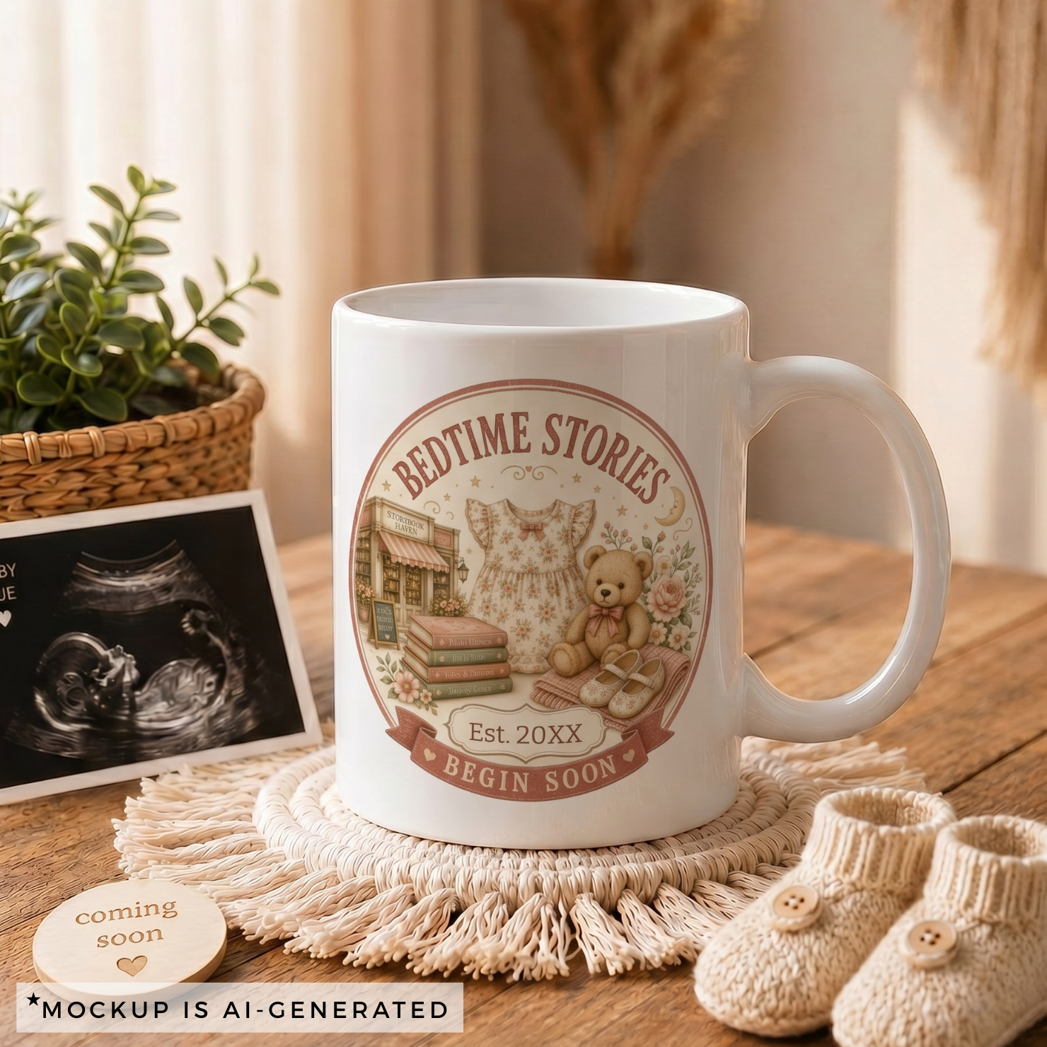 Pregnancy reveal mug Est 20XX - Bedtime Stories Begin Soon vintage bookshop badge with baby dress Sweet Dreams books and crescent moon on white ceramic