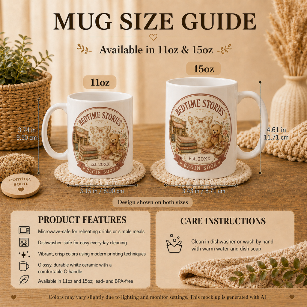 Bedtime Stories Begin Soon mug lifestyle - timeless vintage bookshop pregnancy reveal gift for mom grandma auntie or best friend