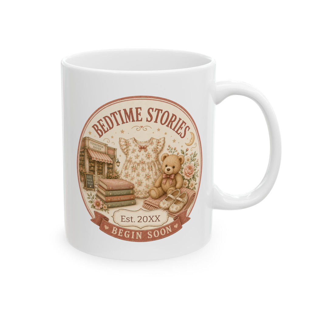 Bedtime Stories Begin Soon pregnancy announcement mug - vintage bookshop design with floral baby dress teddy bear bedtime books and Storybook Haven on white 11oz ceramic