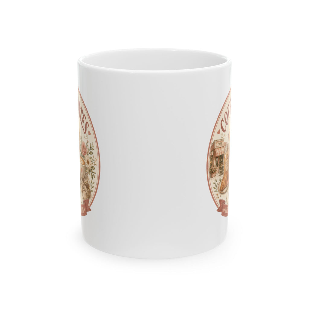 Coffee dates pregnancy reveal mug 11oz - vintage cafe design with Est 20XX and Are Coming Soon banner