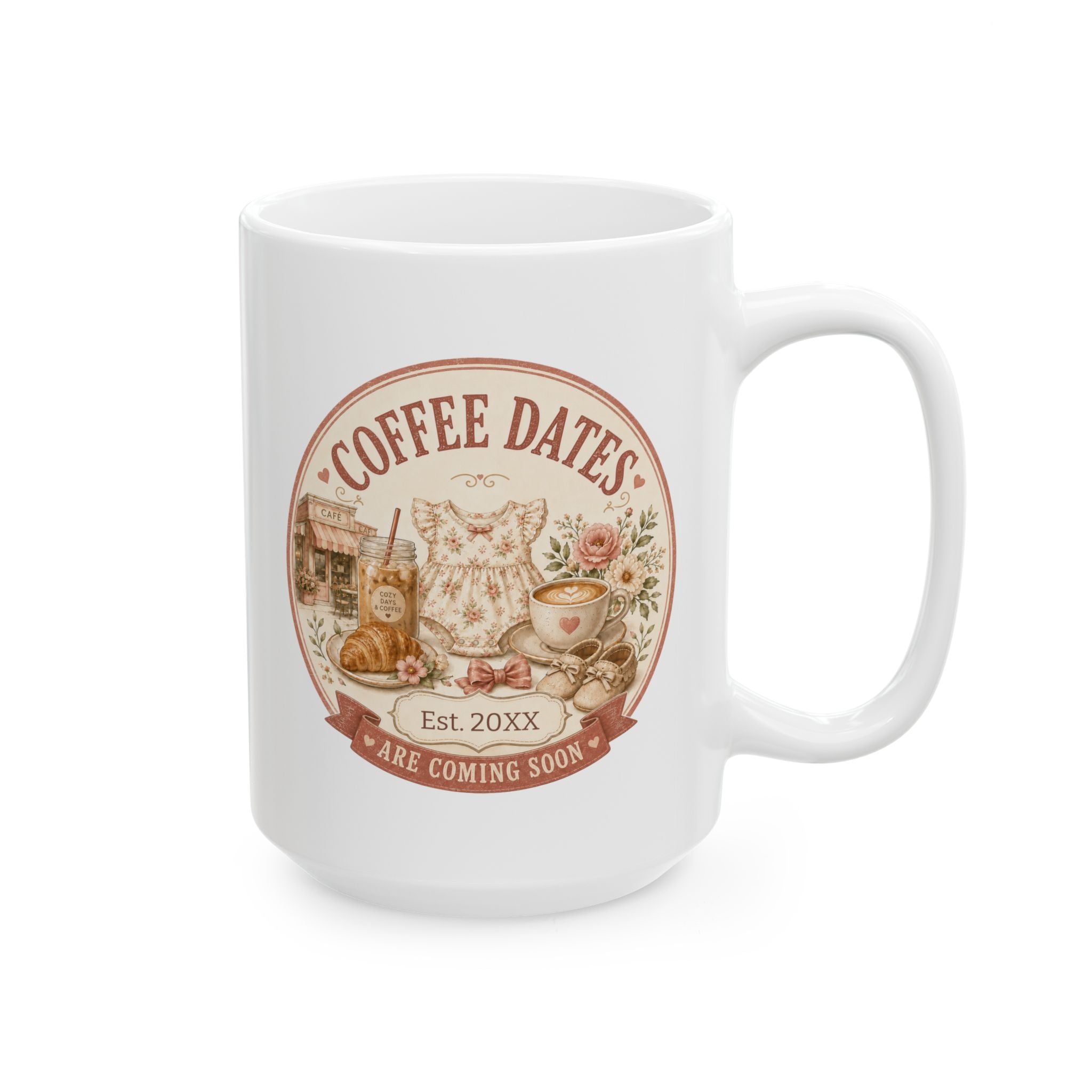 Coffee Dates Are Coming Soon mug 15oz - white ceramic vintage cafe pregnancy announcement gift for her