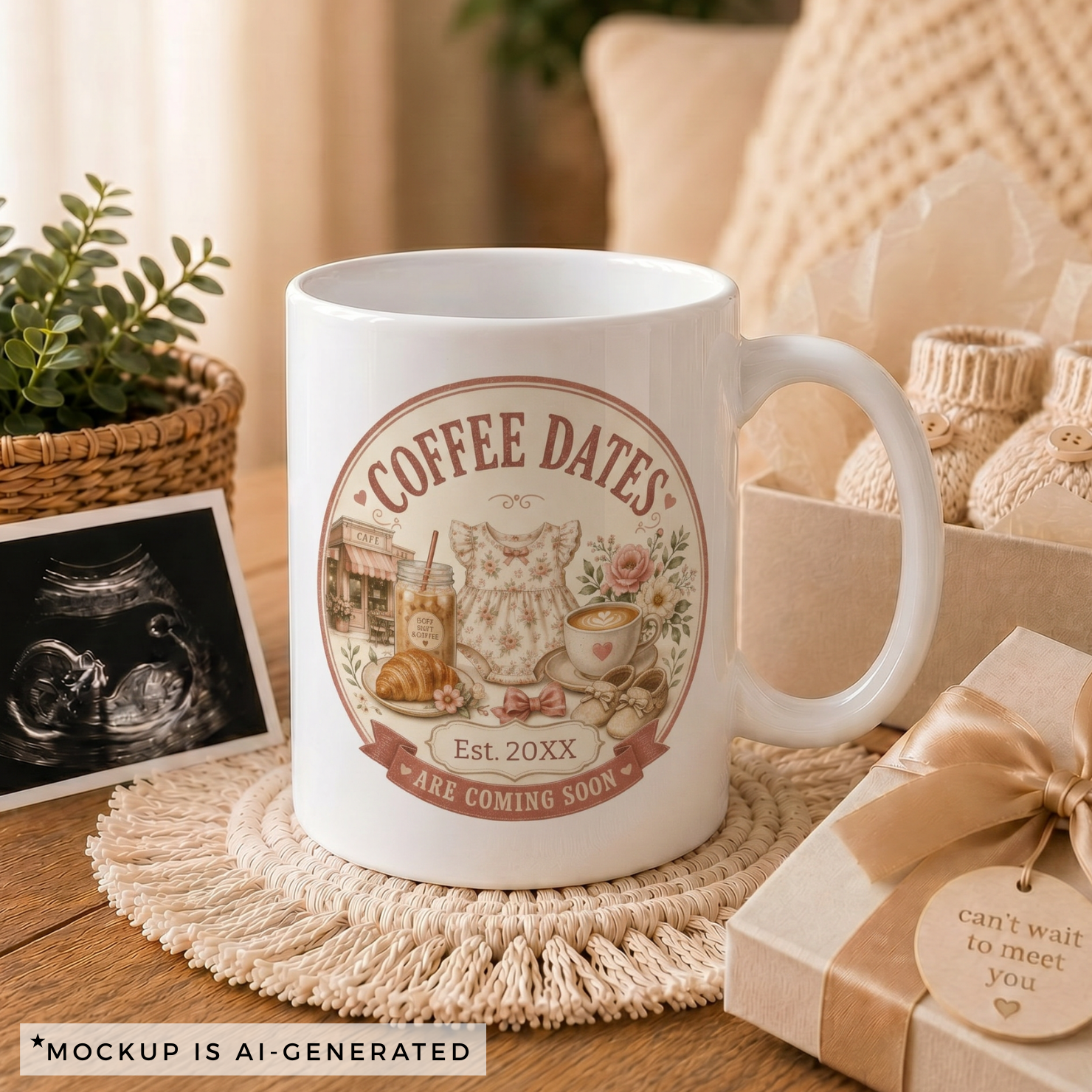 Close-up of Coffee Dates Are Coming Soon mug - vintage cafe scene with floral baby dress Cozy Days and Coffee jar and latte art