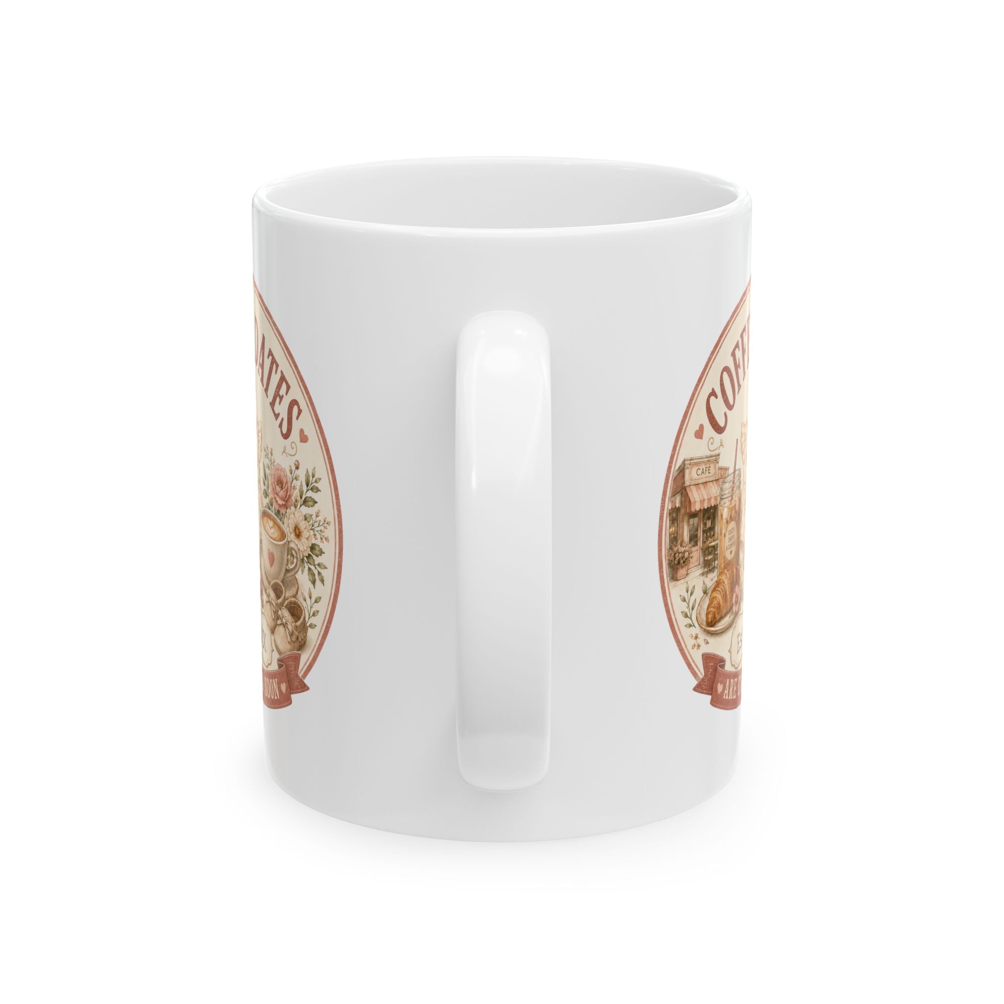 Pregnancy announcement mug for coffee loving mom grandma or auntie - personalized with baby arrival year on white vintage cafe ceramic