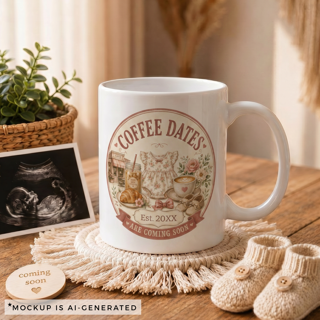 Pregnancy reveal mug coffee dates - Est 20XX Are Coming Soon vintage cafe badge with baby dress and Parisian cafe on white ceramic