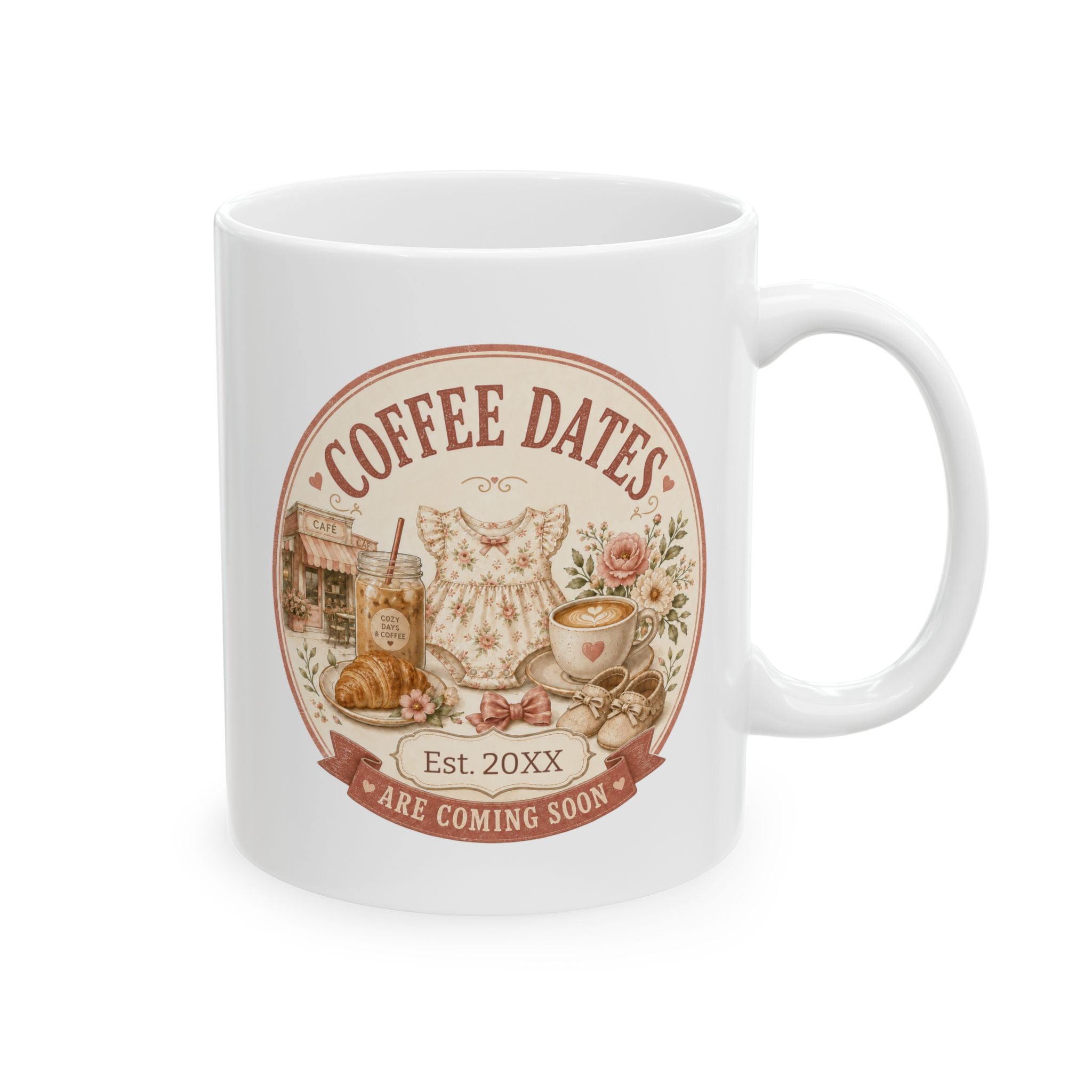 Coffee Dates Are Coming Soon pregnancy announcement mug - vintage cafe design with floral baby dress iced coffee latte art and croissant on white 11oz ceramic