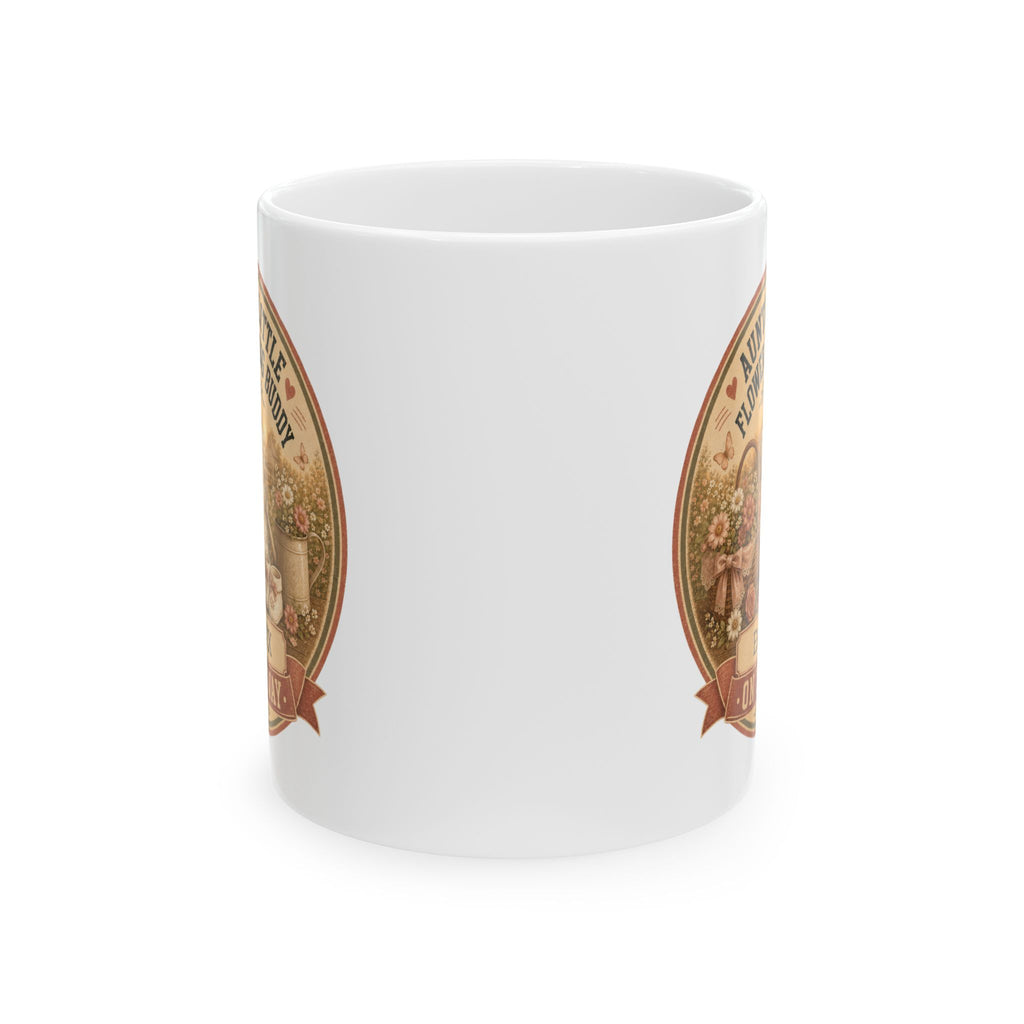 Flower picking auntie gift mug 11oz - vintage cottage pregnancy reveal with Est 20XX and On The Way banner