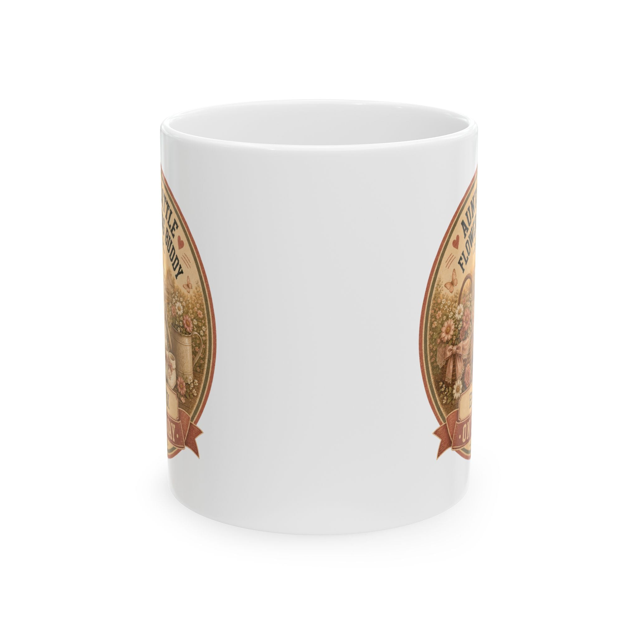 Flower picking auntie gift mug 11oz - vintage cottage pregnancy reveal with Est 20XX and On The Way banner