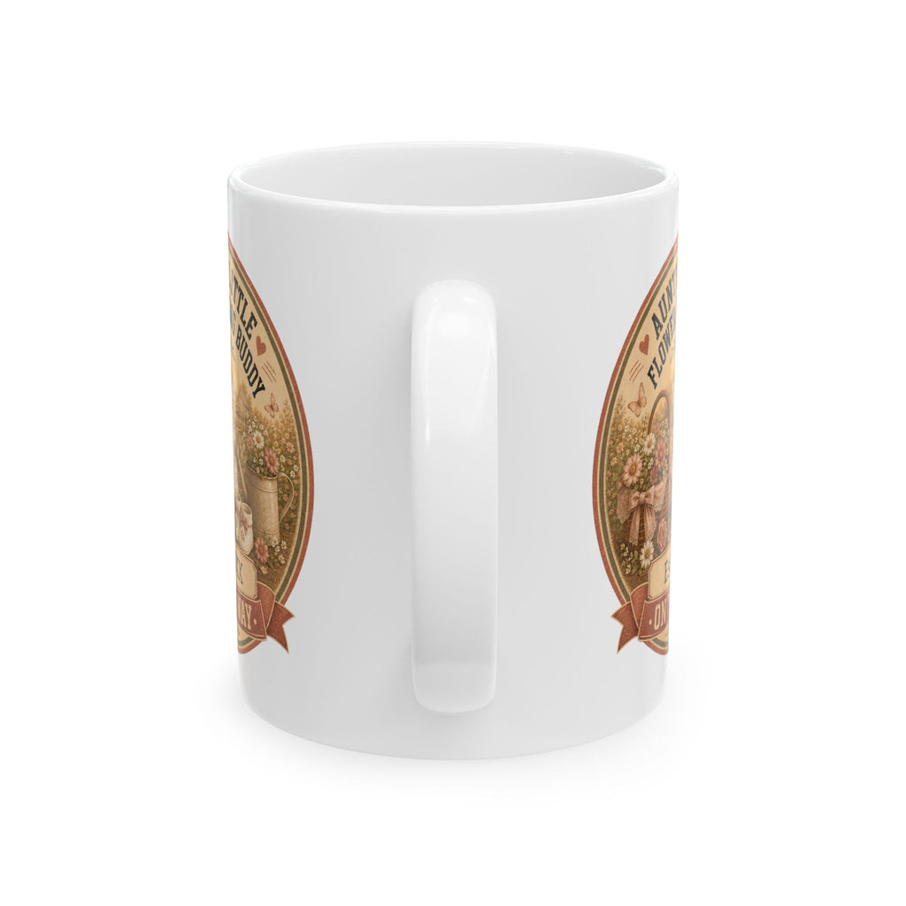 Pregnancy announcement mug for garden loving auntie - personalized with baby arrival year on white vintage cottage ceramic