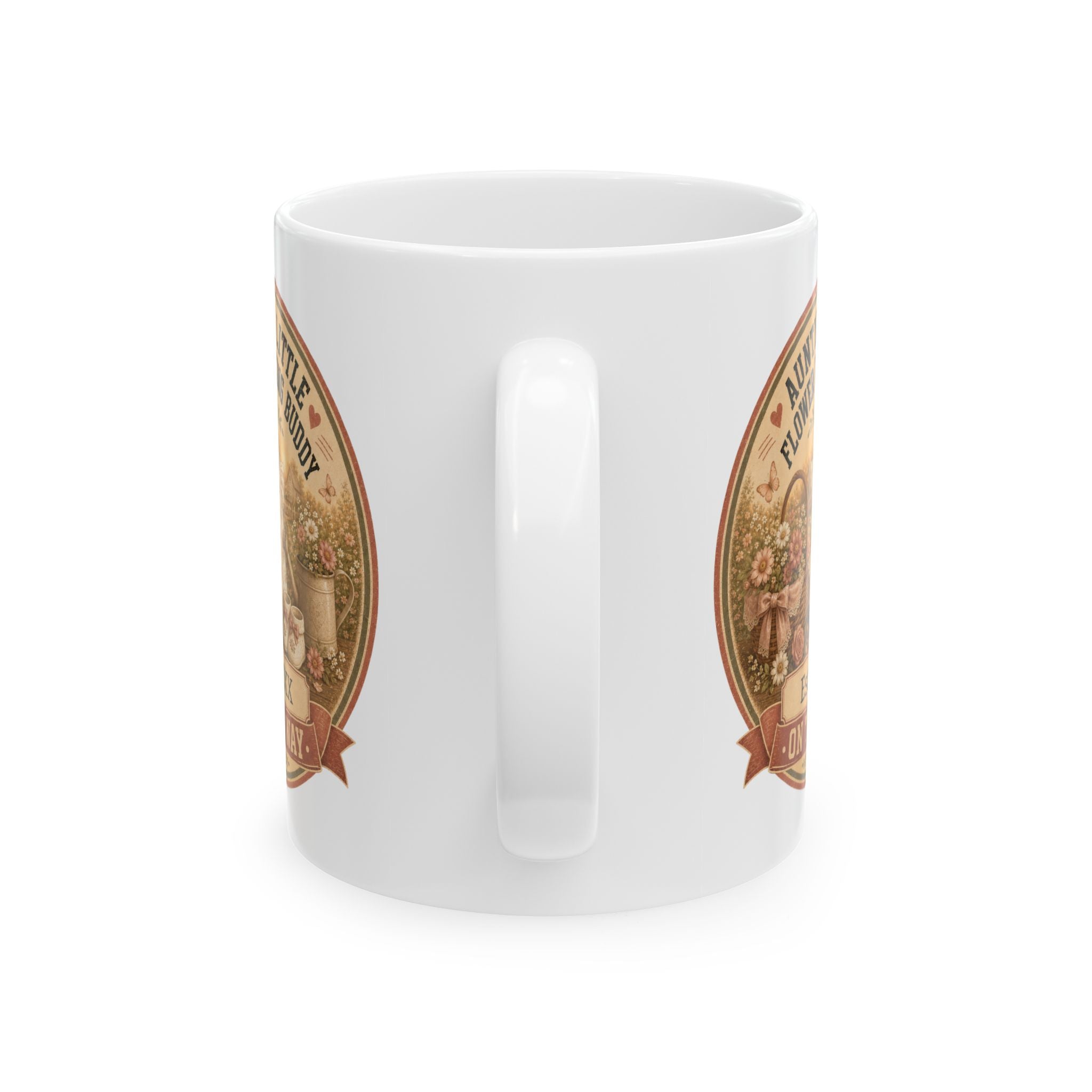 Pregnancy announcement mug for garden loving auntie - personalized with baby arrival year on white vintage cottage ceramic