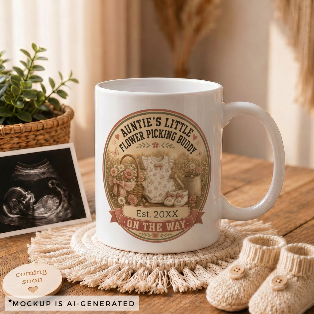 Pregnancy reveal mug for flower loving auntie - Est 20XX On The Way cottage garden badge with baby romper and watering can on white ceramic
