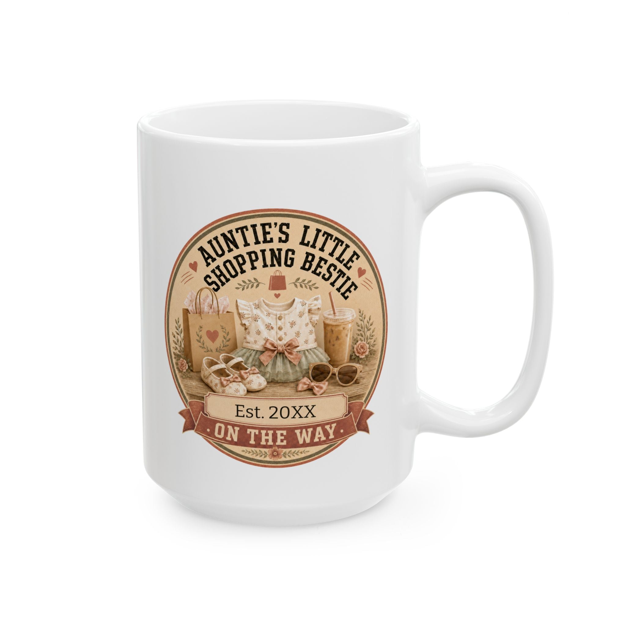 Pregnancy announcement mug for auntie 15oz - white ceramic with shopping bestie coquette design