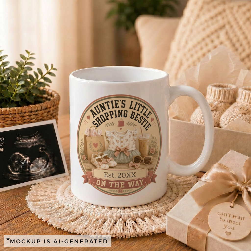 Close-up of Aunties Little Shopping Bestie mug - coquette design with ruffled baby top Mary Jane shoes and iced coffee