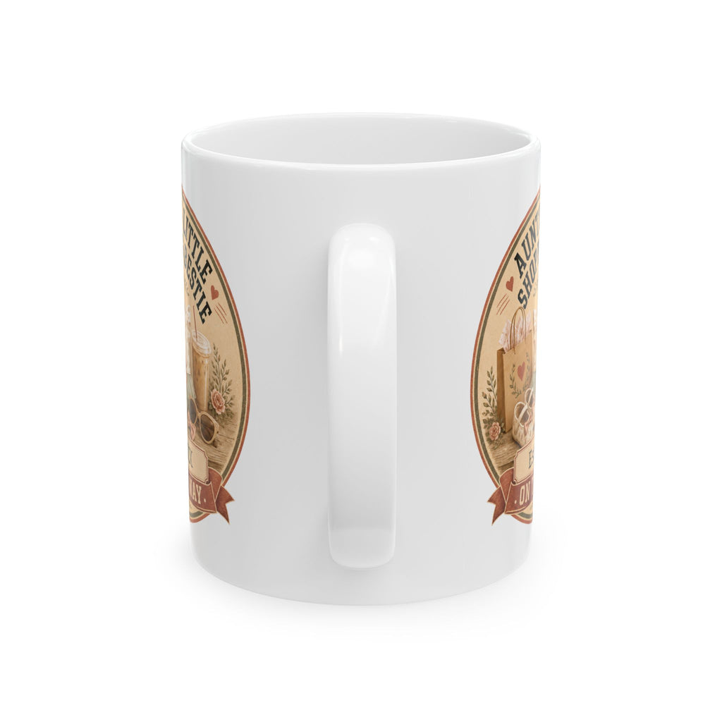 Pregnancy announcement mug for auntie - personalized with baby arrival year on white coquette ceramic mug
