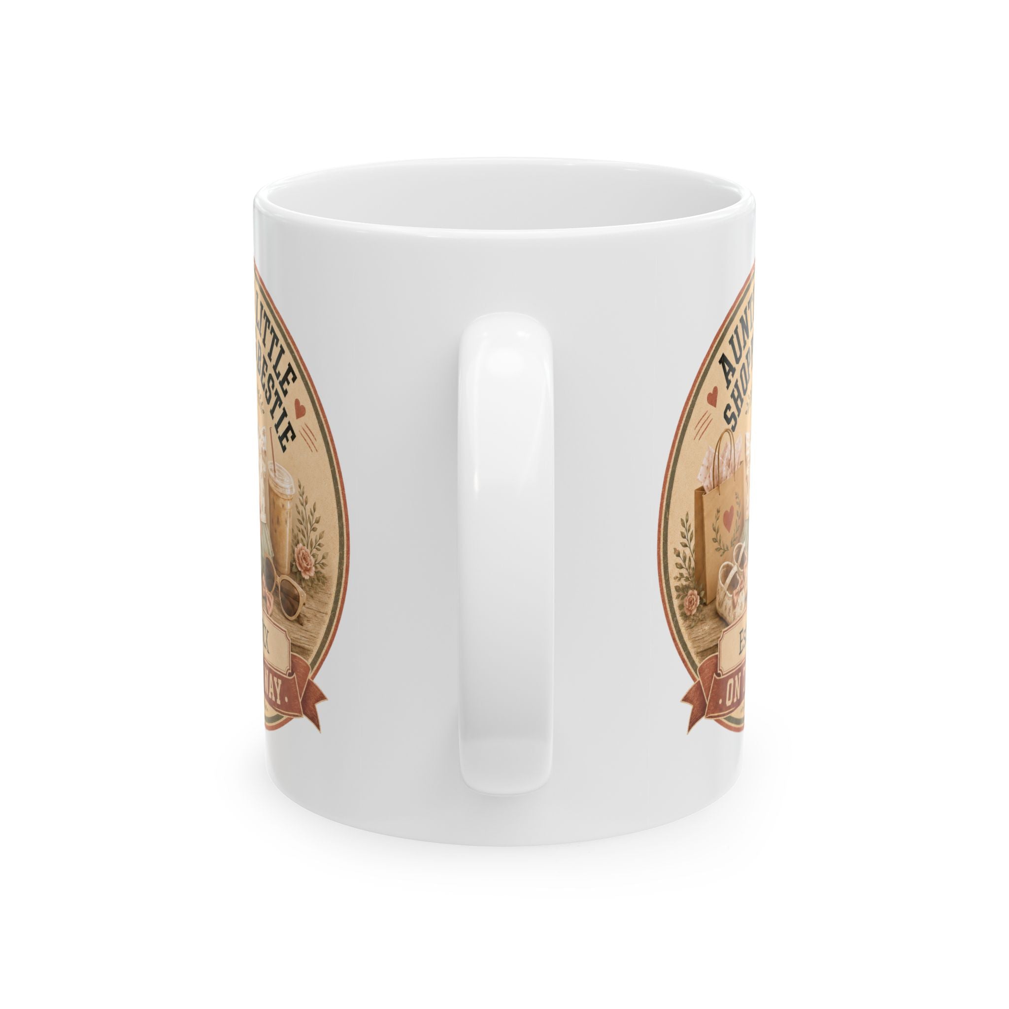 Pregnancy announcement mug for auntie - personalized with baby arrival year on white coquette ceramic mug