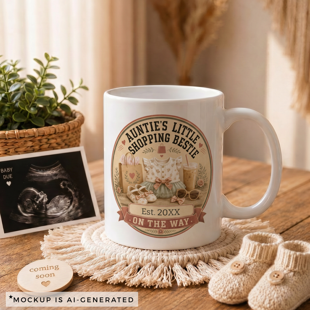 Pregnancy reveal mug for auntie - Est 20XX On The Way coquette badge design with baby dress and sunglasses on white ceramic
