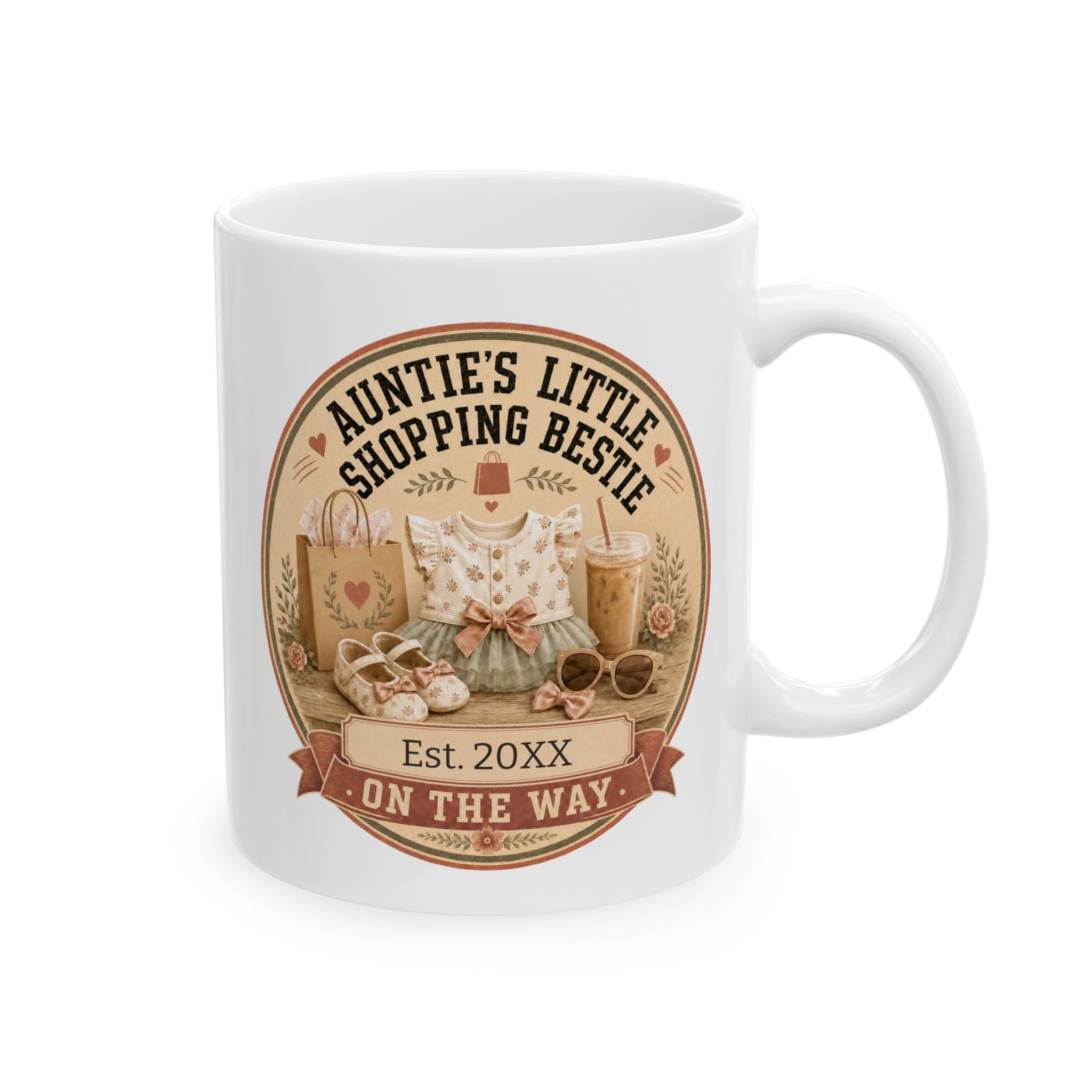 Aunties Little Shopping Bestie pregnancy announcement mug - coquette vintage badge with baby outfit bow shoes shopping bag and iced coffee on white 11oz ceramic