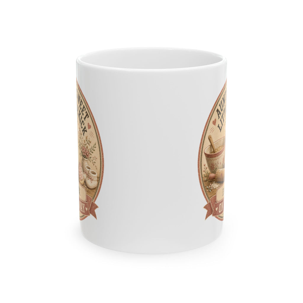 Baking auntie gift mug 11oz - vintage cottage pregnancy reveal with Est 20XX and On The Way banner