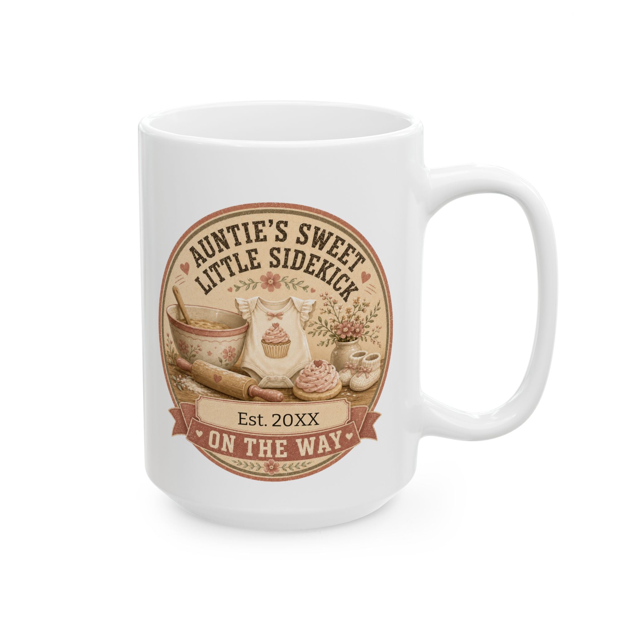 Pregnancy announcement mug for auntie 15oz - white ceramic with sweet sidekick baking cottage design