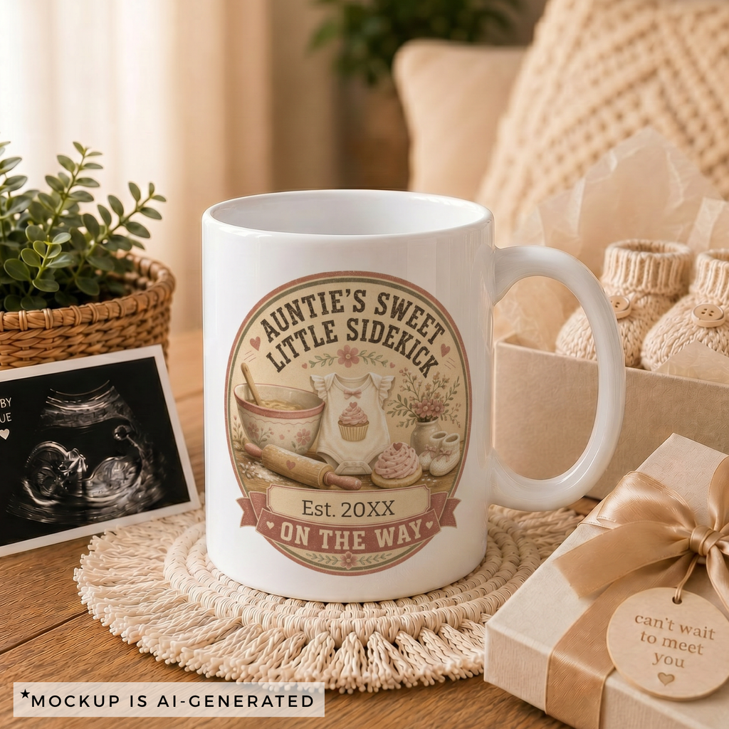 Close-up of Aunties Sweet Little Sidekick mug - vintage kitchen scene with cupcake romper mixing bowl and fresh baked cupcakes