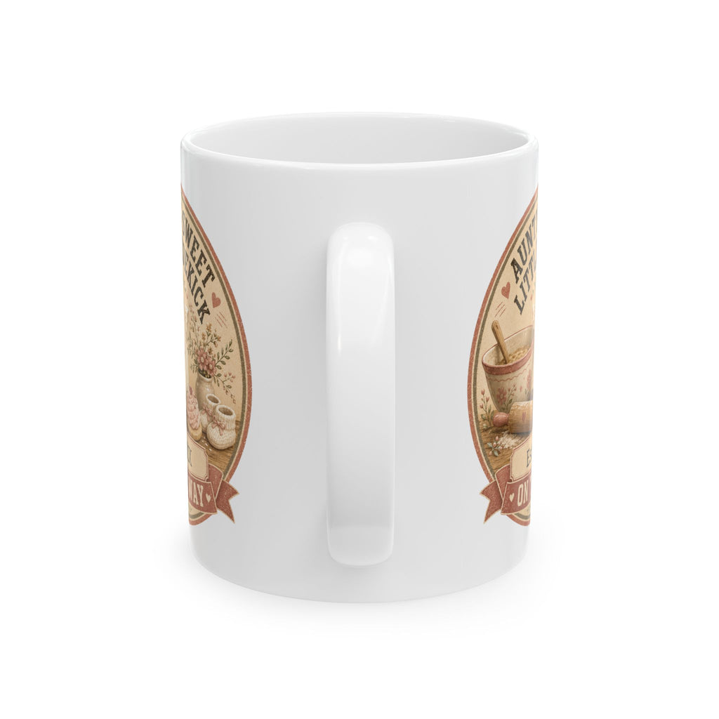 Pregnancy announcement mug for baking auntie - personalized with baby arrival year on white vintage cottage ceramic mug