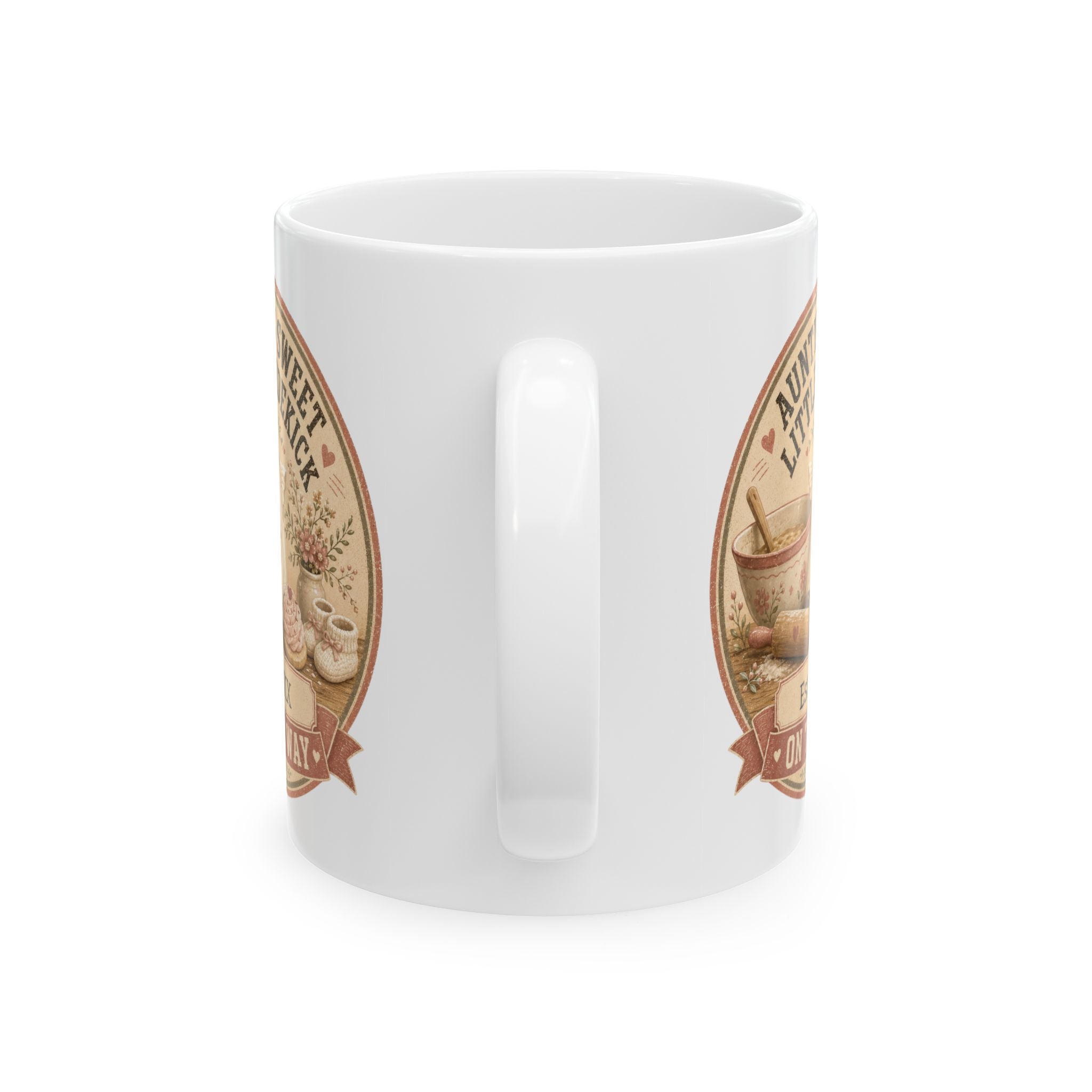 Pregnancy announcement mug for baking auntie - personalized with baby arrival year on white vintage cottage ceramic mug