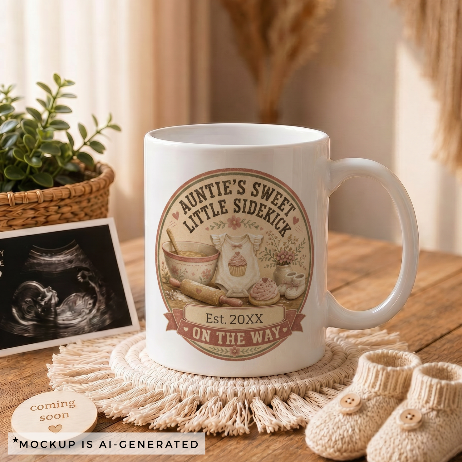 Pregnancy reveal mug for baking auntie - Est 20XX On The Way cottage badge with cupcakes and wildflowers on white ceramic