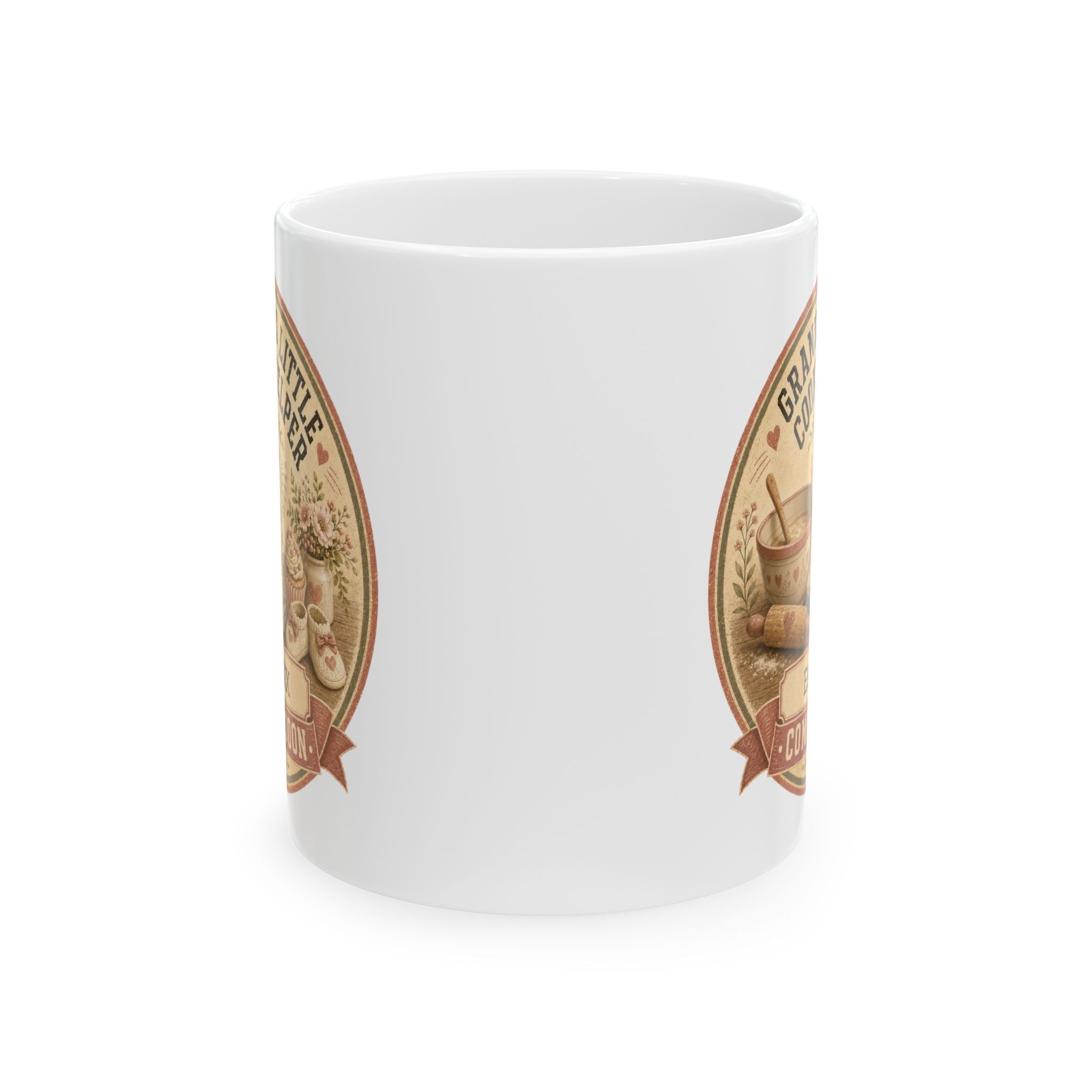 Baking grandma gift mug 11oz - vintage cottage pregnancy reveal with Est 20XX and Coming Soon banner