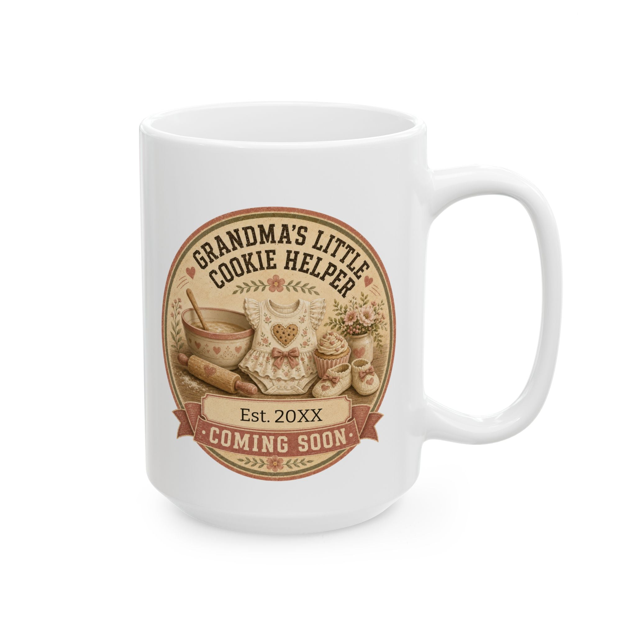 Pregnancy announcement mug for grandma 15oz - white ceramic with cookie helper cottage baking design
