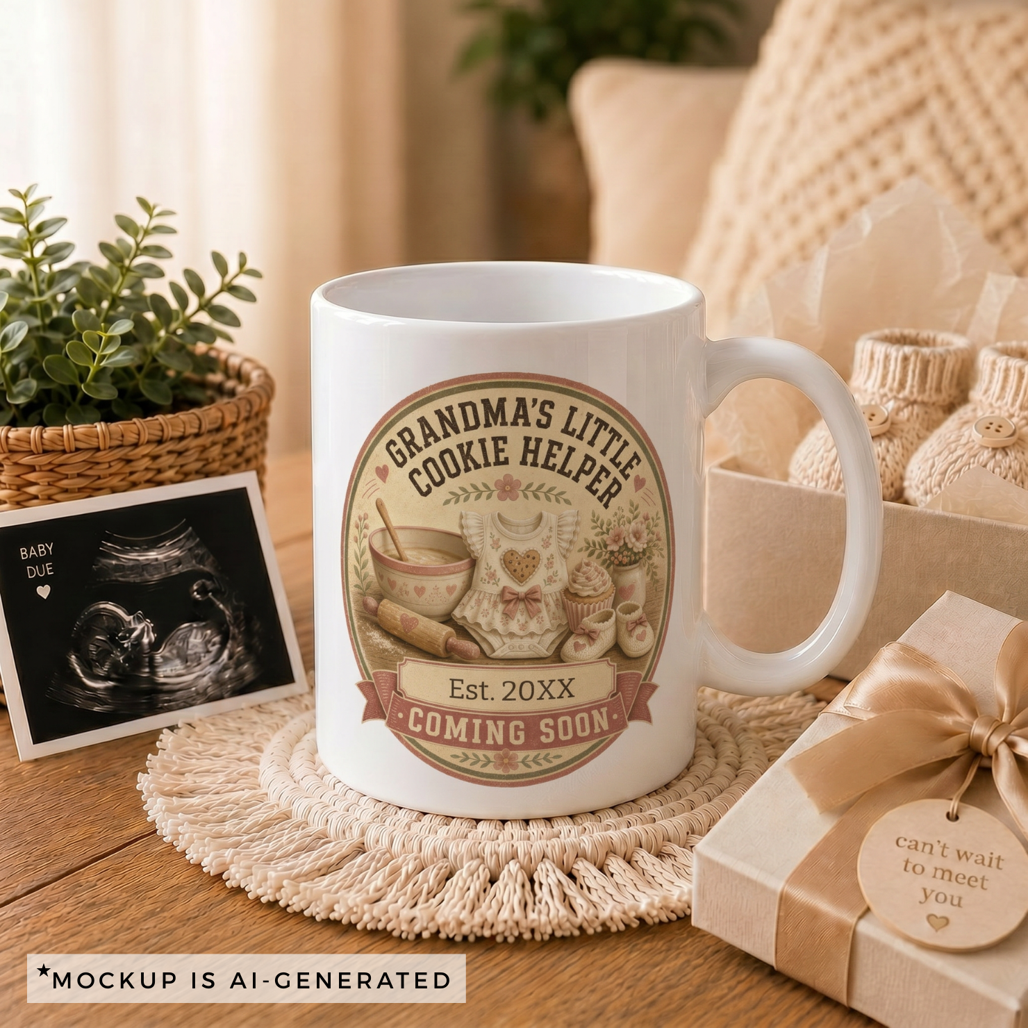 Close-up of Grandmas Little Cookie Helper mug - vintage kitchen scene with heart cookie romper rolling pin and cupcake