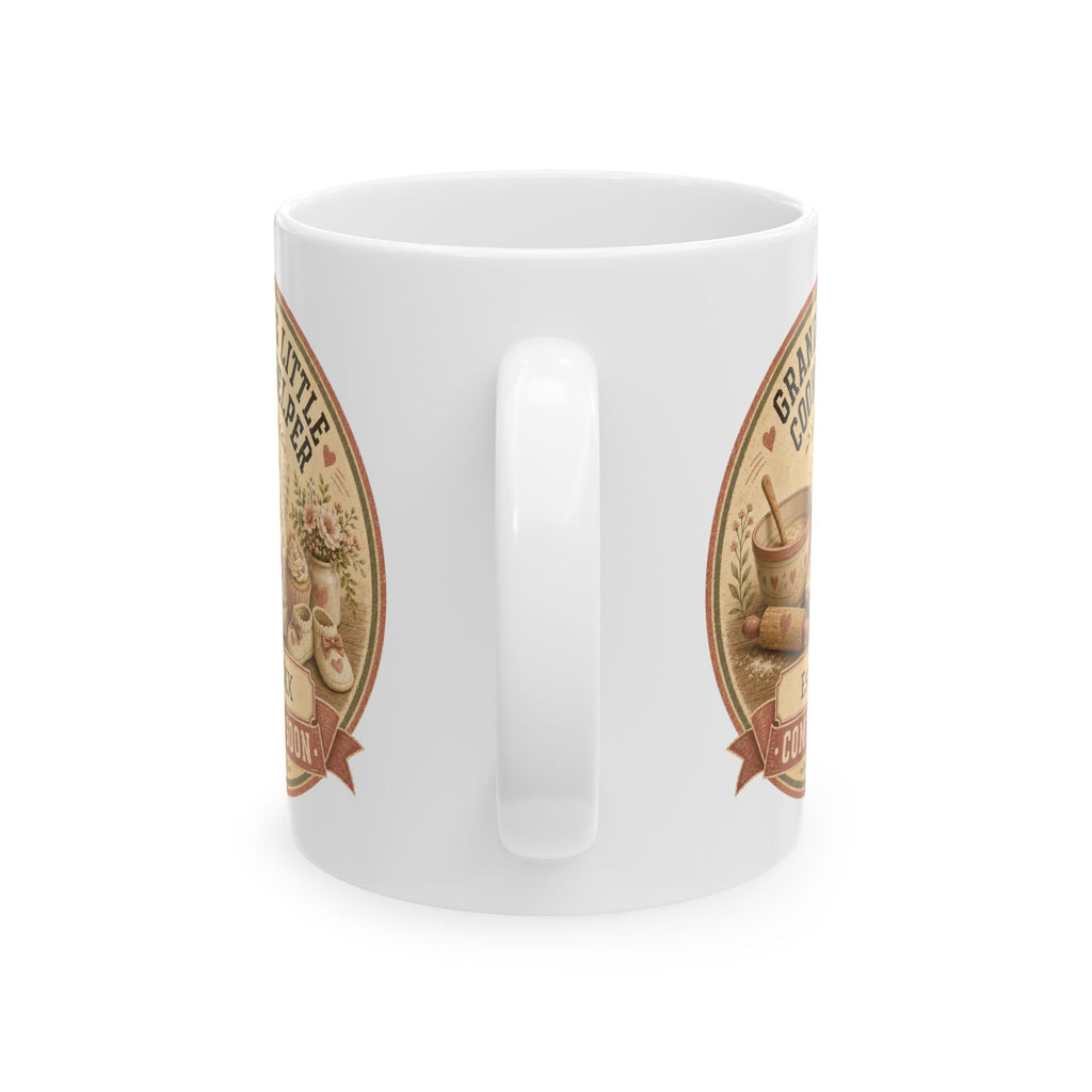 Pregnancy announcement mug for grandma who loves baking - personalized with baby arrival year on white ceramic