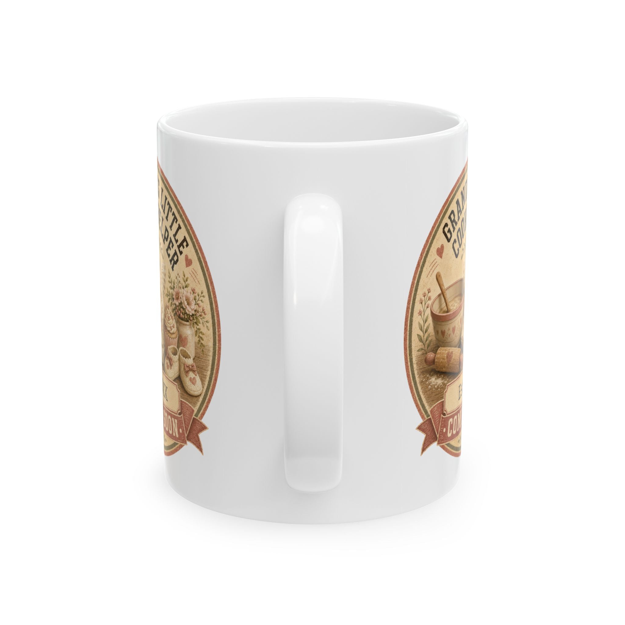 Pregnancy announcement mug for grandma who loves baking - personalized with baby arrival year on white ceramic