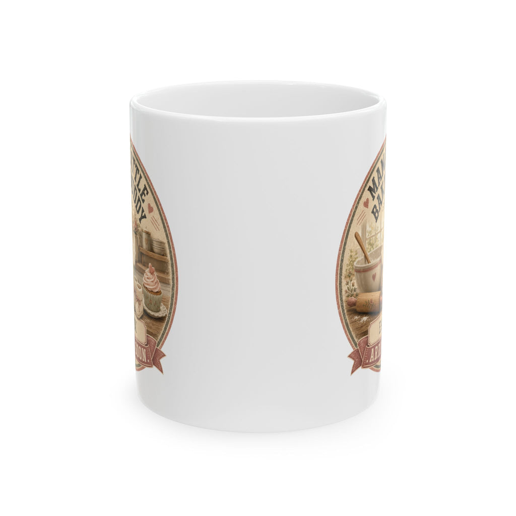 Baking mom gift mug 11oz - vintage cottage badge pregnancy reveal with Est 20XX and Arriving Soon banner