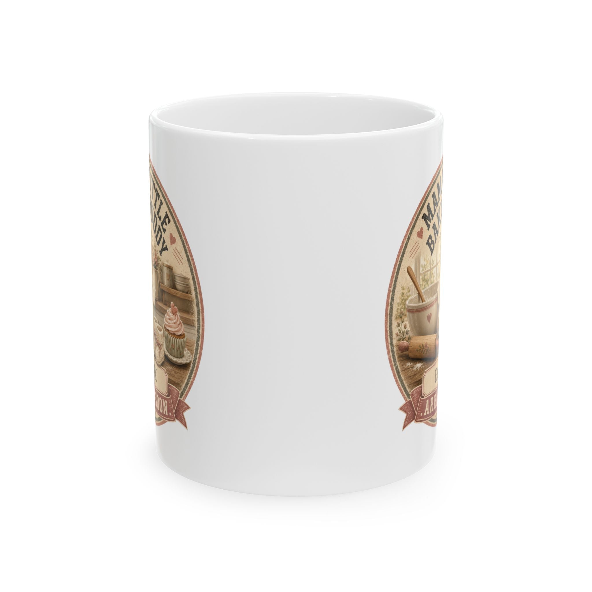 Baking mom gift mug 11oz - vintage cottage badge pregnancy reveal with Est 20XX and Arriving Soon banner