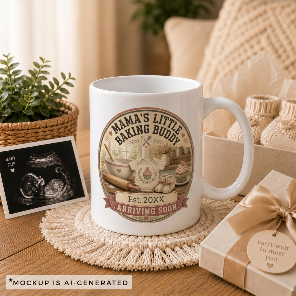Close-up of Mamas Little Baking Buddy mug badge - vintage kitchen scene with cupcake onesie and knitted baby booties