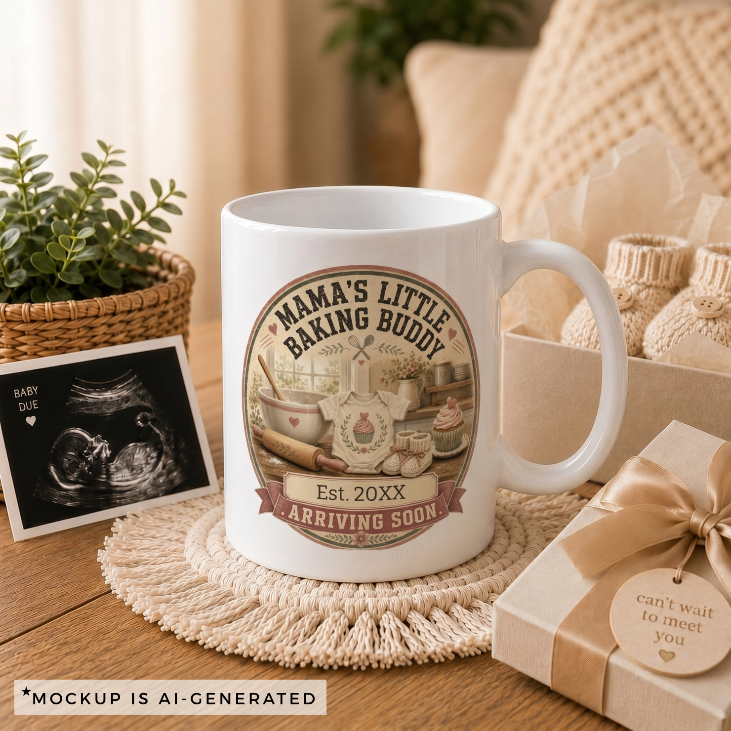 Close-up of Mamas Little Baking Buddy mug badge - vintage kitchen scene with cupcake onesie and knitted baby booties