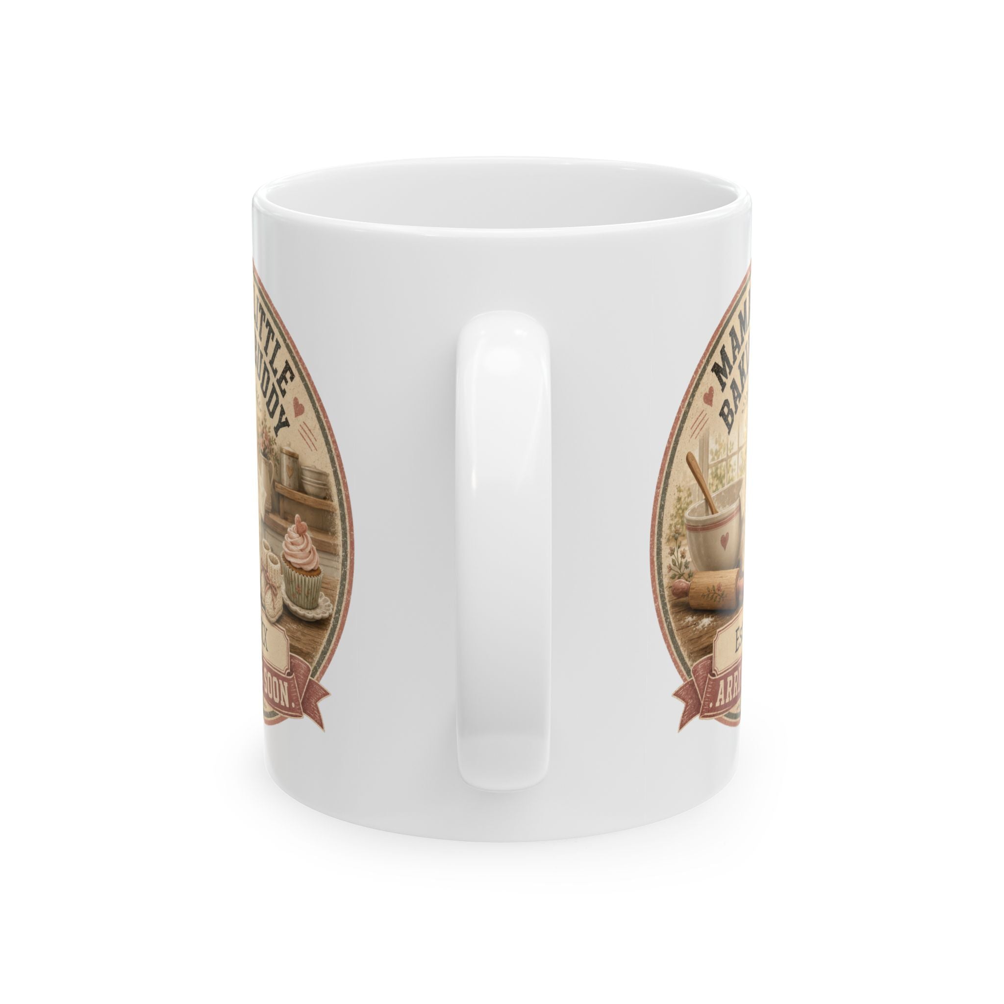 Pregnancy announcement mug for baking loving mom - personalized with baby arrival year on white ceramic