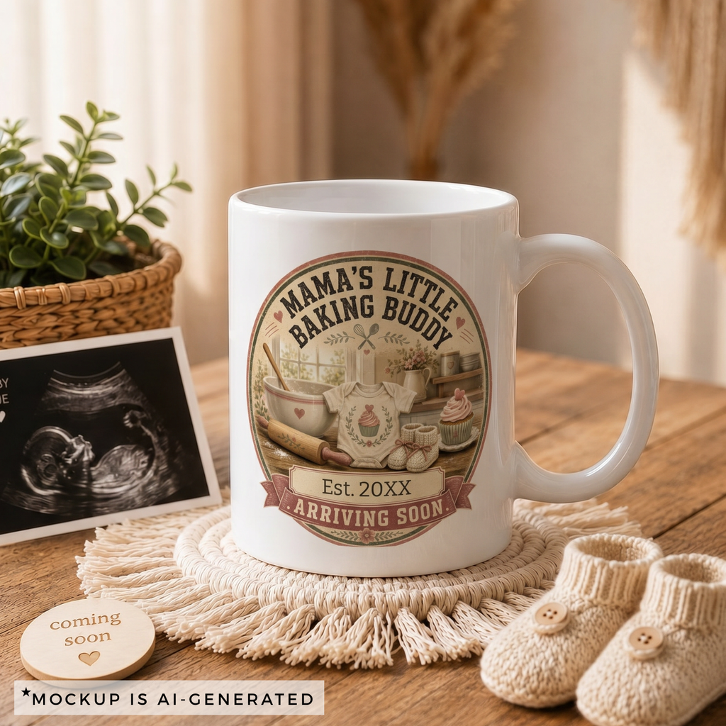Pregnancy reveal mug for baking mom - Est 20XX Arriving Soon cottage badge design on white ceramic